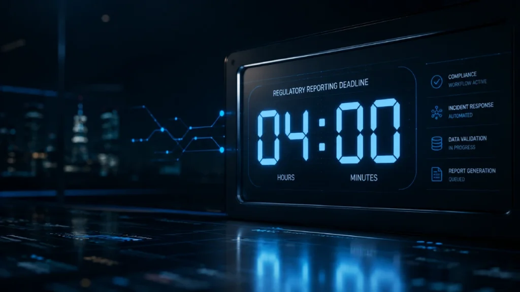 Digital 4-hour countdown timer on a cybersecurity dashboard representing DORA incident reporting automation with Cortex XSOAR