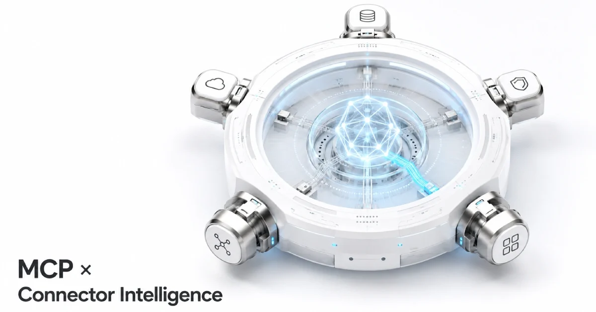 MCP Connector Intelligence hub showing AI agent access, secure integrations, permissions, and intelligent routing across enterprise systems.