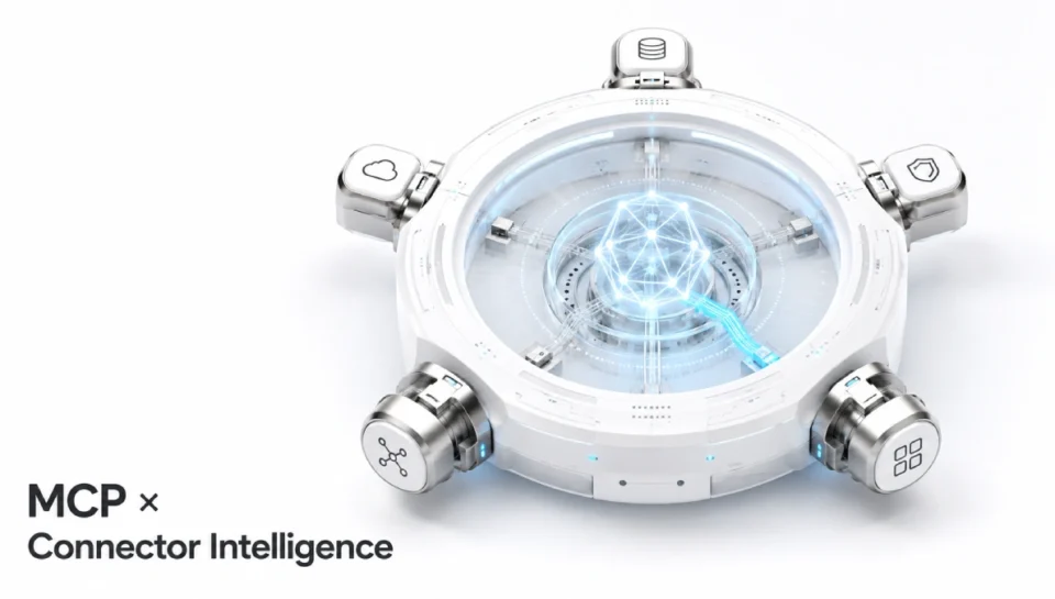MCP Connector Intelligence hub showing AI agent access, secure integrations, permissions, and intelligent routing across enterprise systems.