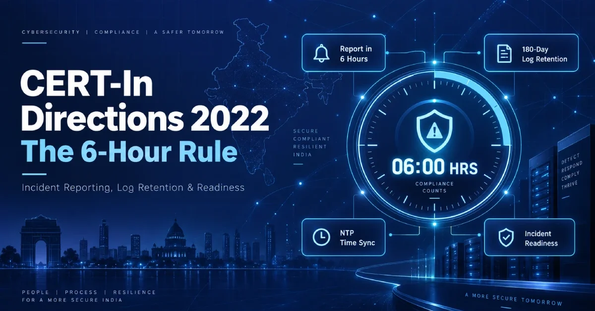 CERT-In Directions 2022 cybersecurity compliance thumbnail showing the 6-hour incident reporting rule, 180-day log retention and NTP time sync