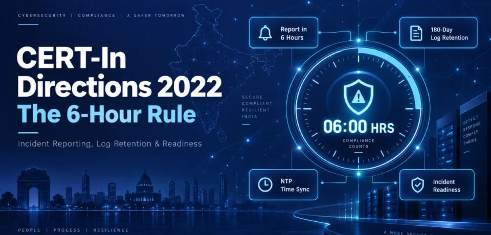 CERT-In Directions 2022 cybersecurity compliance thumbnail showing the 6-hour incident reporting rule, 180-day log retention and NTP time sync