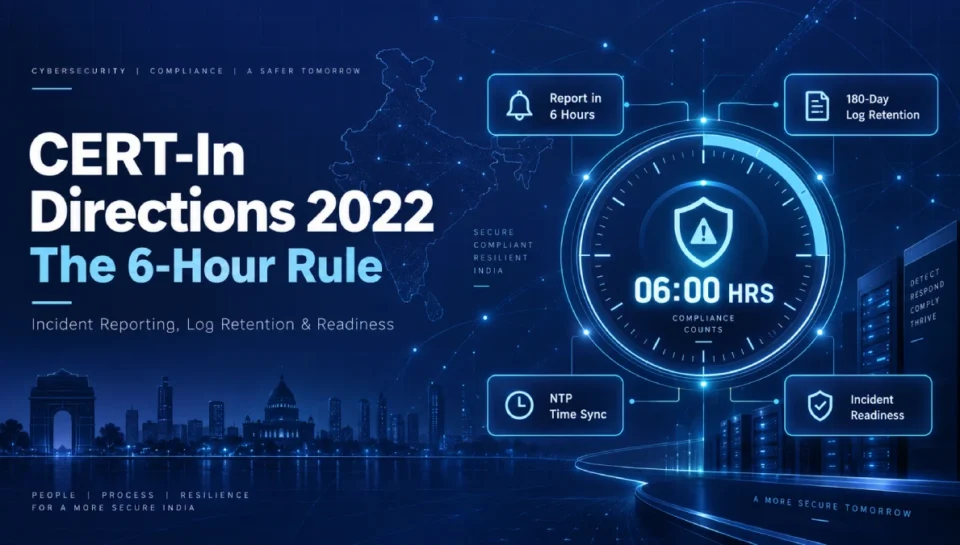 CERT-In Directions 2022 – The 6-Hour Rule CERT-In Directions 2022 cybersecurity compliance thumbnail showing the 6-hour incident reporting rule, 180-day log retention and NTP time sync