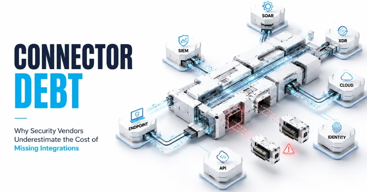 Connector Debt illustration showing missing security integrations across SIEM, SOAR, XDR, cloud, identity, endpoint, and API systems.