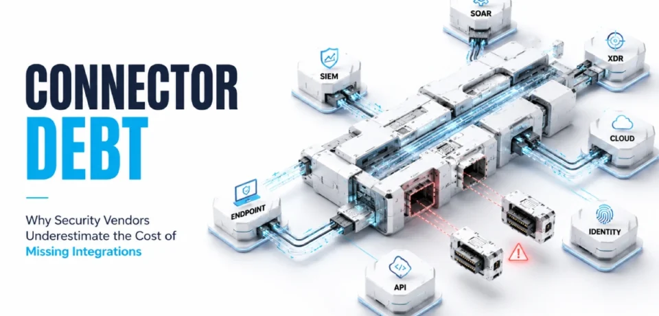 Connector Debt illustration showing missing security integrations across SIEM, SOAR, XDR, cloud, identity, endpoint, and API systems.