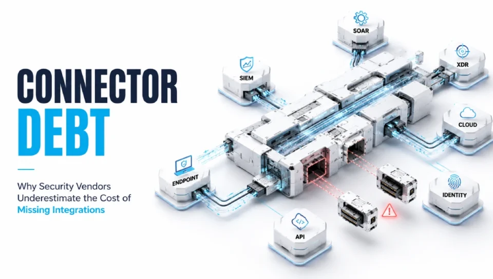 Connector Debt for Security Vendors Connector Debt illustration showing missing security integrations across SIEM, SOAR, XDR, cloud, identity, endpoint, and API systems.