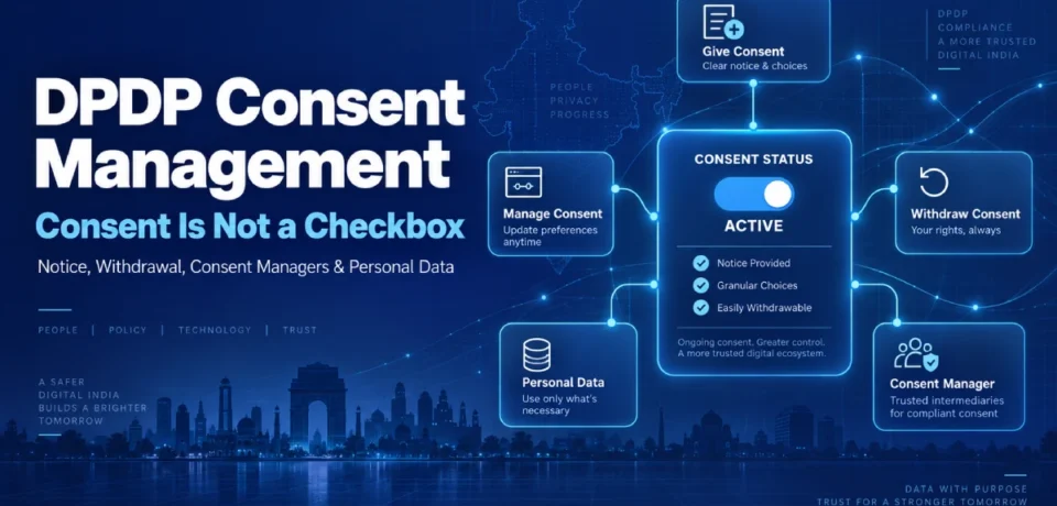 DPDP consent management thumbnail showing consent status, withdrawal, personal data, Consent Manager and active consent controls