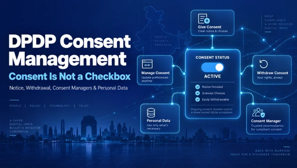 DPDP consent management thumbnail showing consent status, withdrawal, personal data, Consent Manager and active consent controls