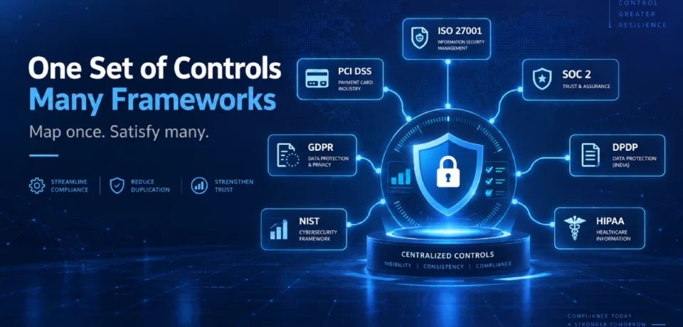 Control mapping across PCI DSS, ISO 27001, SOC 2, GDPR, DPDP, HIPAA and NIST compliance frameworks