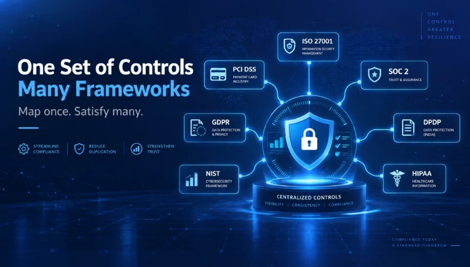 Control mapping across PCI DSS, ISO 27001, SOC 2, GDPR, DPDP, HIPAA and NIST compliance frameworks